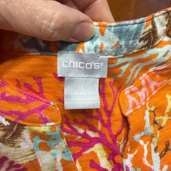 Chico's Women’s 3/4 Sleeve Coral Cotton Slub Vneck Sharkbite Hem 1 Medium - Picture 2 of 14